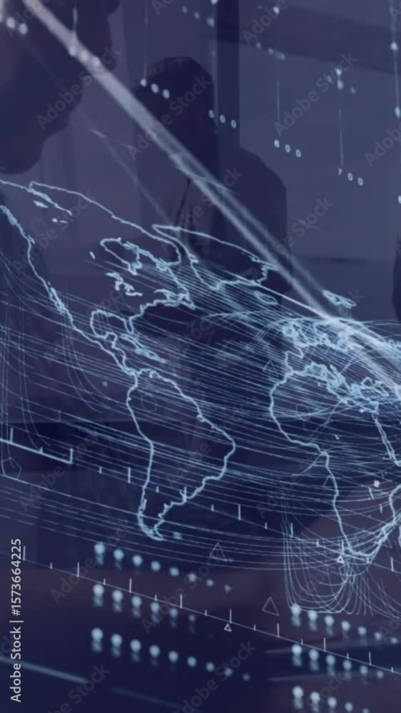 Poster animation of digital map and hud screen over diverse colleagues discussing with each other in office