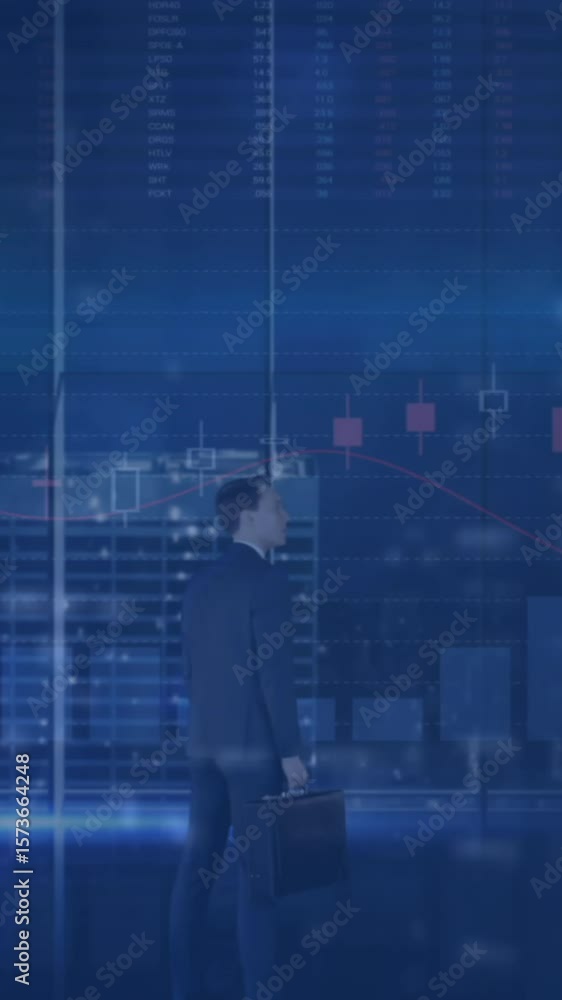 Aufkleber animation of multiple graphs and rear view of businessman with suitcase over modern office buildings