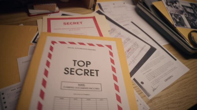 Cluttered desk covered in classified and top secret documents, including maps, photos, and redacted files. A briefcase and magnifying glass hint at espionage or intelligence work. Close-up.