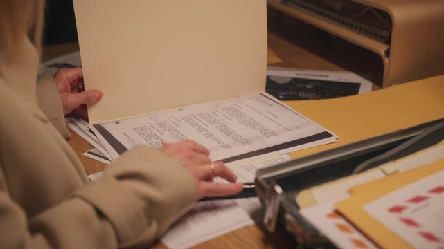Close-up of a woman opening a folder filled with classified or confidential documents. Papers marked with red stamps, suggesting secret files, intelligence reports, or sensitive government material.