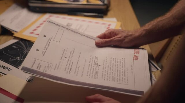 Close-up of hands flipping through classified documents on a wooden desk. Secret files, red stamps, and confidential papers evoke espionage, investigation, or government conspiracy themes