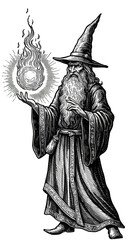 Obraz premium Illustration Of Wizard Casting Spell With Magic Fantasy Occult Art