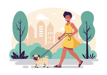 Woman Walking a Pug Dog on Leash in City Park Illustration.