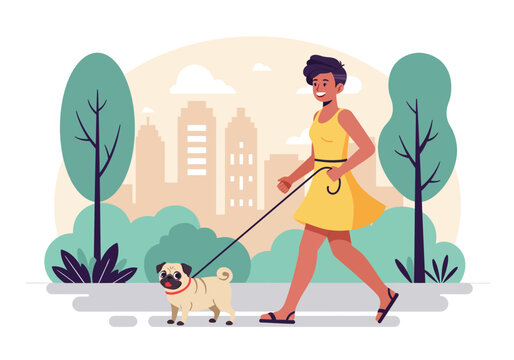 Woman Walking a Pug Dog on Leash in City Park Illustration.