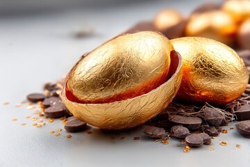 Golden Easter eggs on chocolate