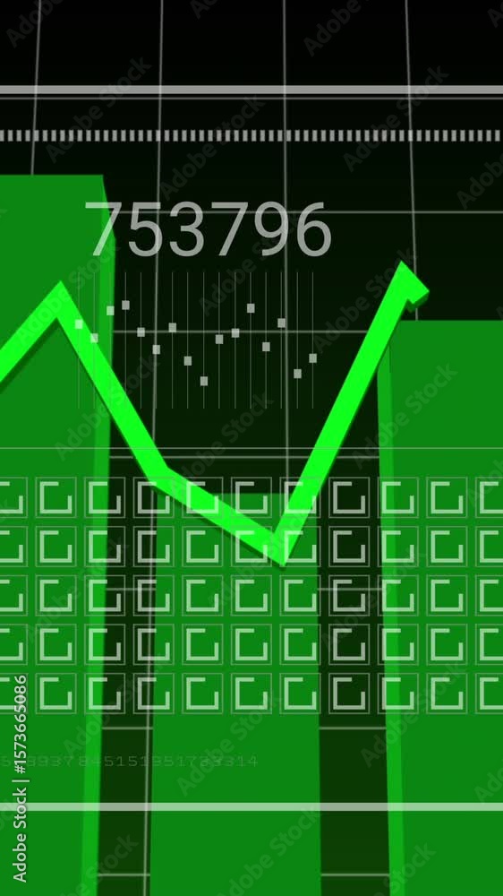 Poster animation of graphs, changing numbers, loading bar, squares over grid pattern and graphs
