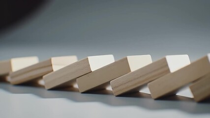 Domino Effect With Wooden Blocks on Gray Surface Chain Reaction Concept For Business Strategy Risk Management and Prevention Falling Line In Abstract Background