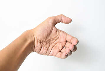 Hand holding, grabbing, showing, presenting something isolated on white background. Man, men, male, asian.