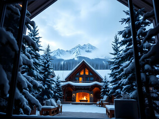 Snowy Mountain Cabin with Scenic Window View, No 022 – AI Generated