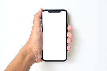 Smartphone with a blank screen holding by hand on a white background. Smartphone mockup close up isolated on white background. clipping path. asian, men, man, female.