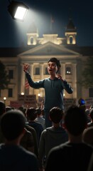 Youthful Activist Addressing a Crowd at Night Under a Single Spotlight Before a Grand Building