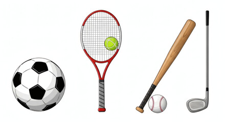 Diverse Sports Essentials: A vibrant assortment of sports equipment awaits, including a football, a tennis racket, a baseball bat and ball, and a golf club.