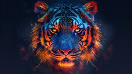 Striking tiger portrait with blue and orange tones, intense gaze, and abstract smoky details