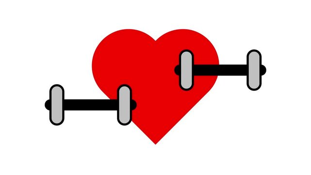 Animation of a red heart beating with a barbell going up and down. Heart health with aerobic method.