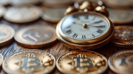 Coins and antique clock on wooden surface, time and money concept