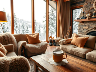 Snowy Mountain Cabin with Scenic Window View, No 014 – AI Generated