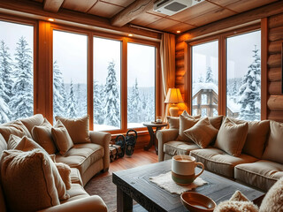 Snowy Mountain Cabin with Scenic Window View, No 013 – AI Generated