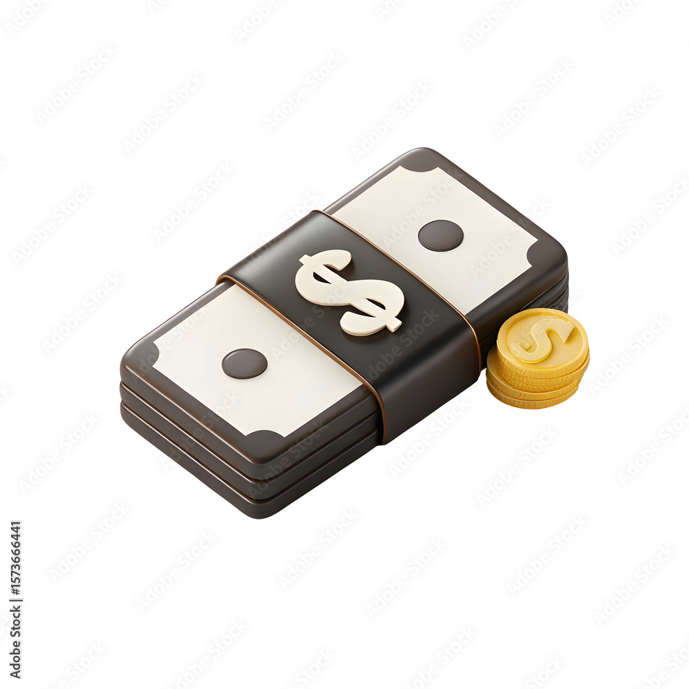 Poster stacked currency with dollar symbol and coins isolated on a transparent background