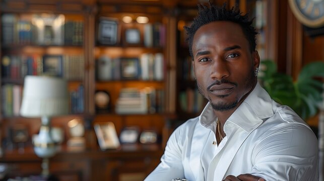 Pensive, sharp-dressed man in library setting looking forward - Powered by Adobe