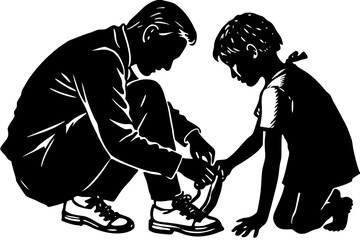 Helping child tie tisilhouette