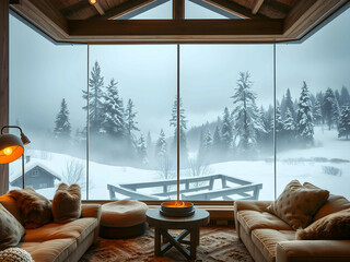 Snowy Mountain Cabin with Scenic Window View, No 007 – AI Generated