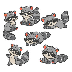Set of cute raccoons in various poses with hand-drawn vector illustrations. Doodle flat art style, isolated and easy to use for creative projects and designs.