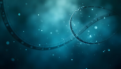 Abstract Curved Film Strip with Blue Glow and Bokeh Background