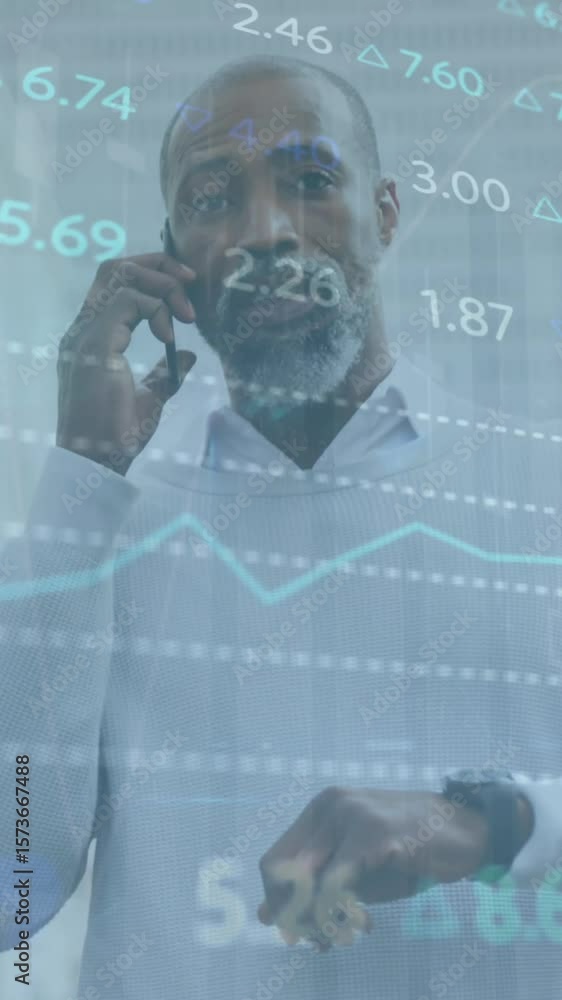 Poster animation of data processing over african american man using smartphone