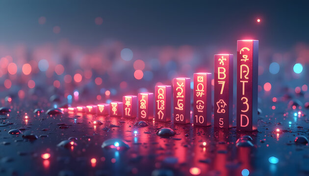 Glowing Pink Bar Graph Showing Upward Trend on Reflective Surface