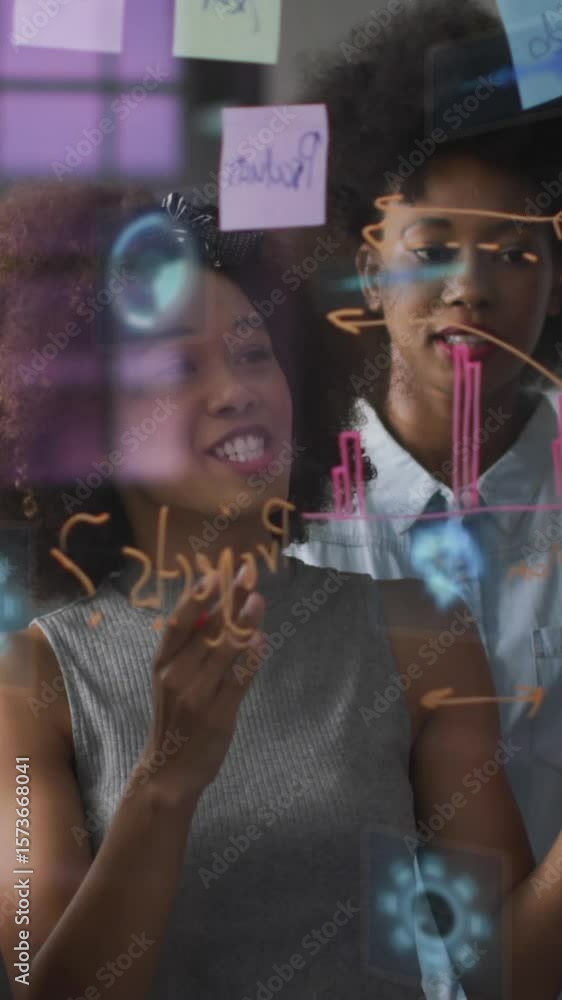Poster animation of scopes and data processing over diverse business people in office