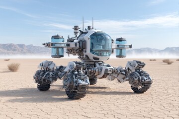 Futuristic rover in desert landscape