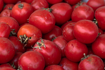 Close-up view of many ripe red tomatoes piled together in bulk