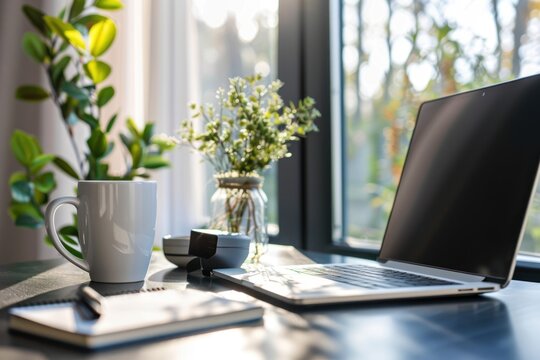 A steaming cup of coffee rests on a modern office desk beside a laptop, an empty chair, and a decorative vase of flowers near a sunlit window - Powered by Adobe