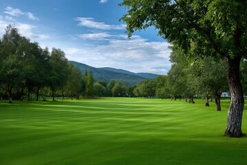 Fototapeta premium A lush green meadow is lined with trees leading to distant hills beneath a blue sky dotted with clouds