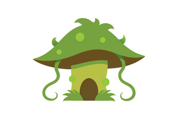 Mossy mushroom house with layered roof and twisting vines whimsical home vector art illustration