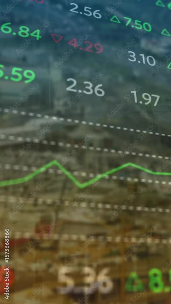 Poster animation of financial data processing over cityscape