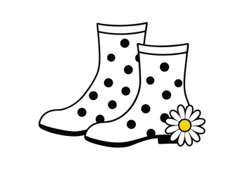 Red polka dot boots with daisies cheerful outdoor vector art illustration
