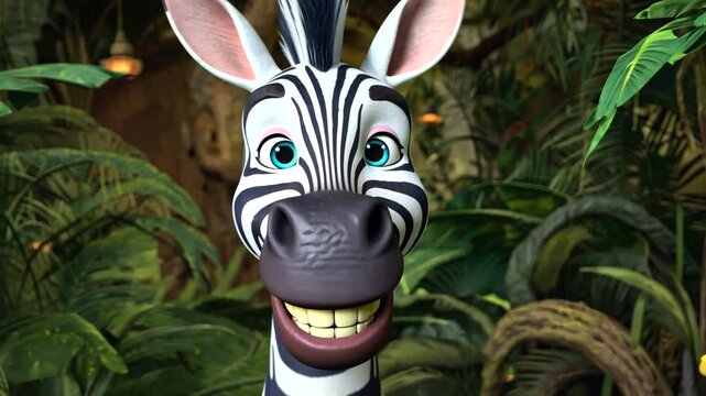 Cheerful zebra character smiling amidst lush jungle foliage with tropical plants and warm lighting