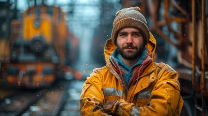 Man in workwear stands near rail tracks with machinery in background