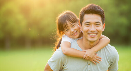 Fototapeta premium A smiling father gives his daughter a piggyback ride outside on a bright, sunny day. They both look genuinely happy and are enjoying their time together.