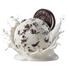 Photo of Cookies and Cream Ice Cream Scoop in Milk Splash on a transparent background - Dessert, Sweet Treat