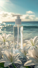 A high-quality, realistic product photo of white liquid spray in a transparent plastic bottle with a white pump. 