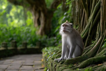 A monkey sits at a trees base peering into a lush green forest with a stonetiled pathway