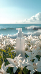 A high-quality, realistic product photo of white liquid spray in a transparent plastic bottle with a white pump. 