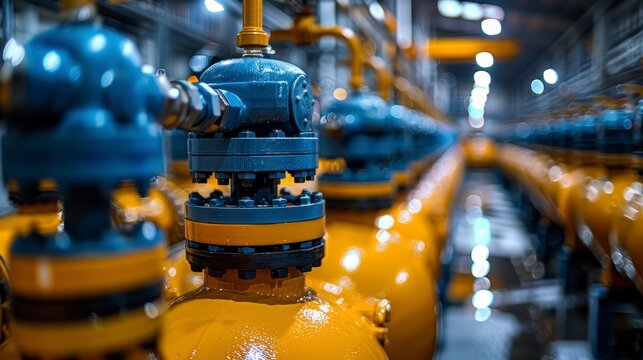 Yellow-blue industrial pipes run parallel, receding into blurry background