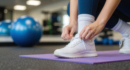 A woman is seen tying her white athletic shoe while kneeling on a purple yoga mat in a fitness studio, preparing for a workout session.