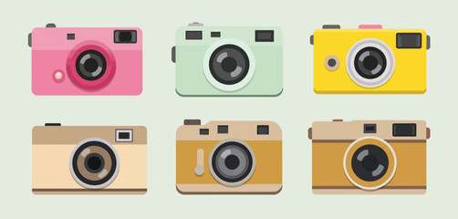 Collection of six colorful vintage style cameras arranged in two rows