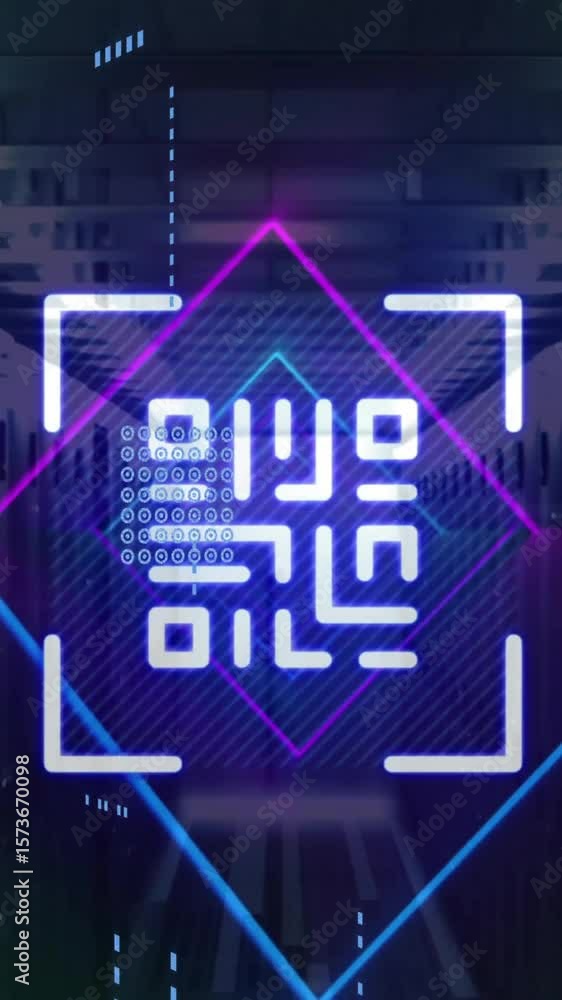 Poster animation of qr code and shapes over server room