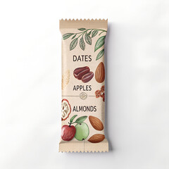 Organic snack bar wrapper mockup with stylized dates, apples, almonds &mdash; natural textured look
