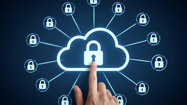 Hand Touching Glowing Cloud with Padlock Digital Security Concept on Dark Blue Background for Adobe Stock Photos